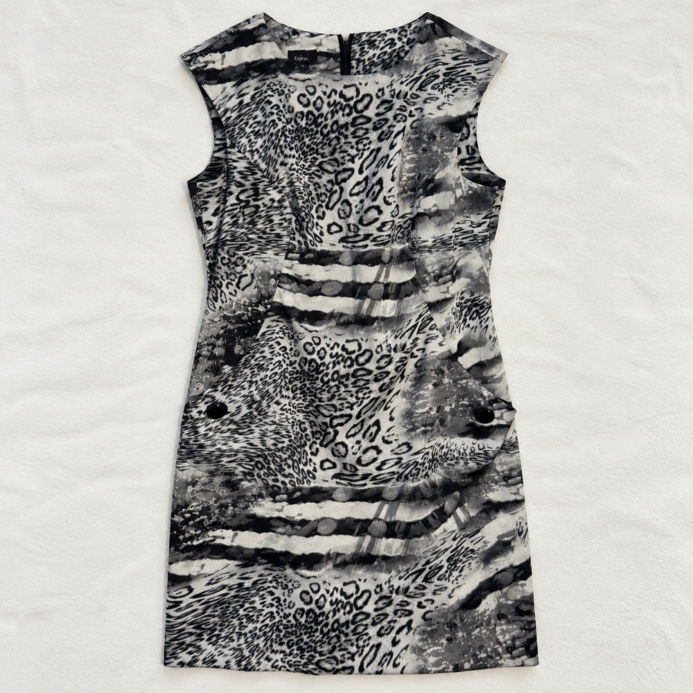 AGB Dress Womens 14 Gray Leopard Animal Print Sleeveless Sheath Pocket Dress